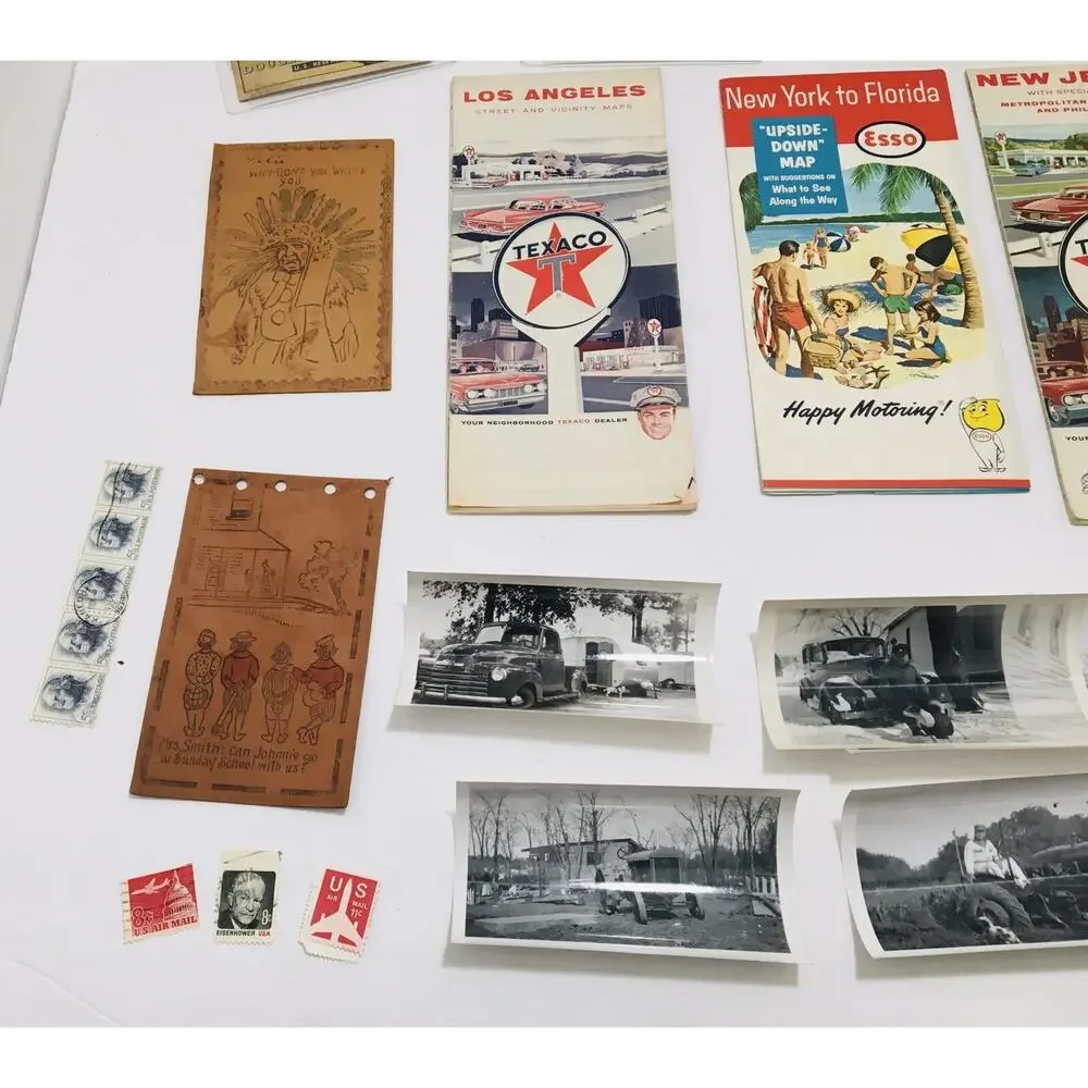 JUNK DRAWER LOT MAPS OLD PHOTOS STAMPS LEATHER POSTCARDS AIRPLANE CARDS ETC